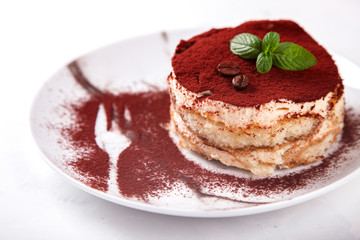 Tiramisu, traditional Italian Dessert on a white plate.On a Marble Background.Copy space. selective focus.