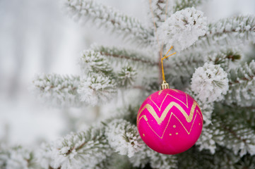 pink sequins round toy hanging on a tree branch. Needles covered