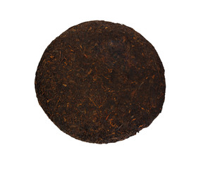 Raw sheng (shu) puerh tea cake on white background