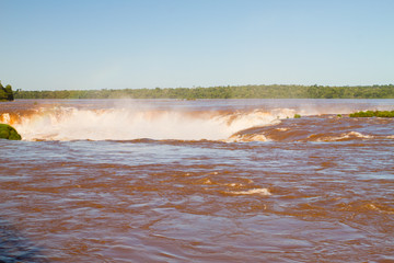 View of the Iguazu (Iguacu) falls, the largest series of waterfalls on the planet, located between Brazil, Argentina, and Paraguay. 