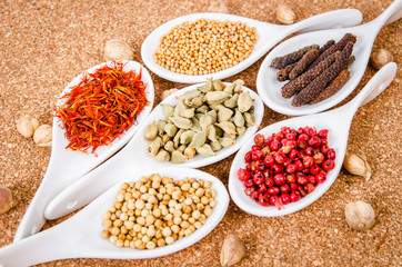 Spices on a white spoon.