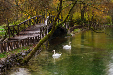 Spring of the Bosna river, small waterfall and park Vrelo Bosne near Sarajevo - Bosnia and...