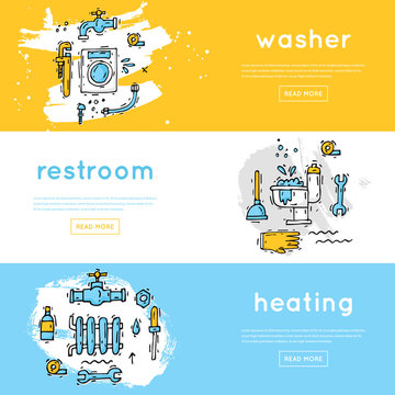 Professional plumber different tools and accessories. Repairing service. Hand drawn vintage style. Flat design vector illustration.