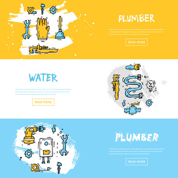 Professional plumber different tools and accessories. Repairing service. Hand drawn vintage style. Flat design vector illustration.