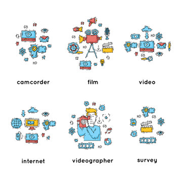 On-line Movies, post production, film and television collection, video-grapher. Set of icons. Hand drawn vintage style. Flat design vector illustration.