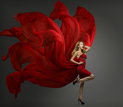 Fashion Model Red Dress, Woman Dancing in Flying Fabric Gown, Waving Fluttering Cloth