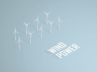Wind power concept vector illustration with 3d  turbines in offshore farm.