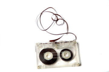 vintage audio cassette with tangled tape