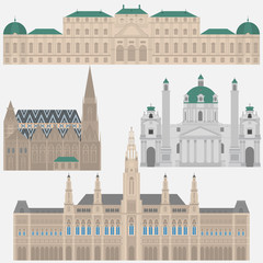 Fototapeta premium Austrian City sights in Vienna. Austria Landmark Travel And Journey Architecture Elements Stephansdom, Karlskirche, Belvedere palace, Town hall