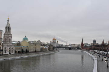 Fototapeta na wymiar View at the Moscow center with the Kremlin wall, Moskva river and the Cathedral of Christ the Saviour, Russia