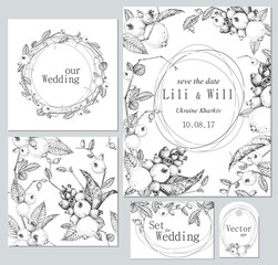 Set of templates for celebration, wedding. Black and white. Vector illustration. Composition of autumn berries, leaves. Pointillism style.