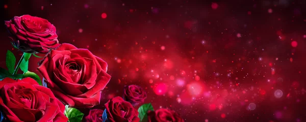 Schilderijen op glas Valentijnskaart - Boeket van rode rozen op glanzende achtergrond © Romolo Tavani