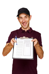 Delivery man with clipboard isolated over white background.