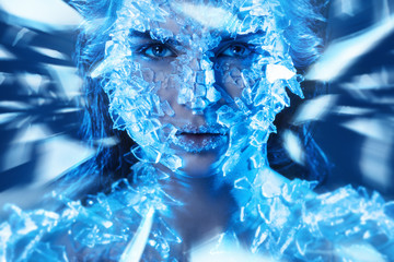 Female face covered with a small pieces of glass - obrazy, fototapety, plakaty