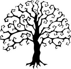 Druidic Yggdrasil tree, round gothic logo. Halloween style vector silhouette