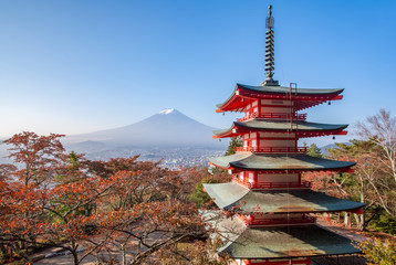 Chureito pagoda and Mountain Fuji with autumn leaves in the morning