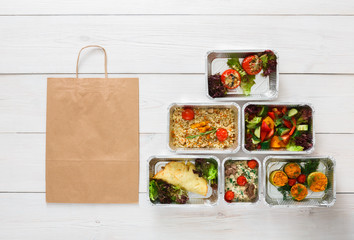 Healthy food delivery, daily meals top view, copy space