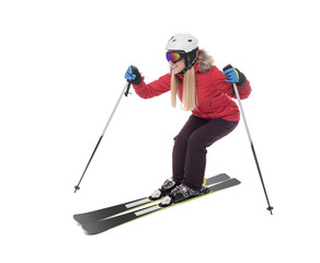 Fototapeta na wymiar Attractive girl skier on white background.