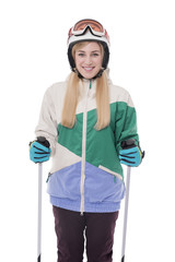 Attractive girl skier on white background.