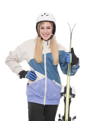 Attractive girl skier on white background.