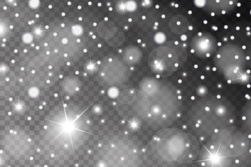 Abstract shiny white snow, sparcles and flares effect pattern isolated on transparent background. Vector illustration