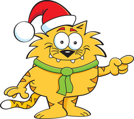 Cartoon illustration of a cat wearing a Santa hat and pointing.