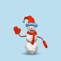 Polygonal snowman.Isolated on blue background. 3d Vector illustr