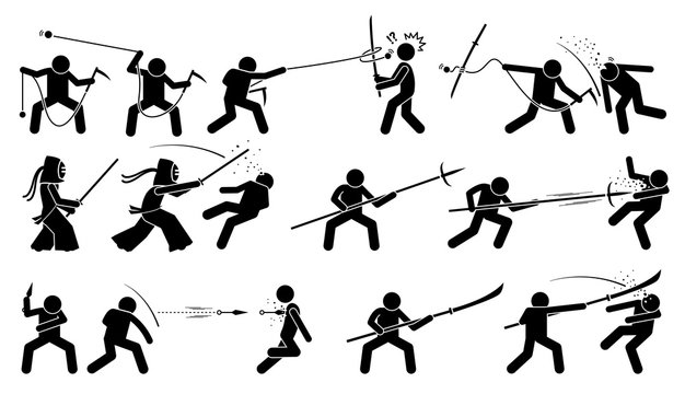 Man attacking opponent with traditional Japanese melee fighting weapons. These weapons include kusarigama, kendo, magari yari, kunai, and glaive.