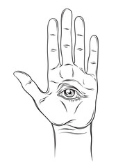 Spiritual hand with the allseeing eye on the palm. Occult design isolated vector illustration