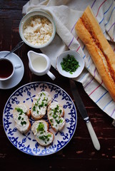 breakfast with ricotta, green onion and baguette