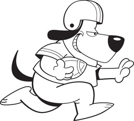 Black and white illustration of a dog playing football.