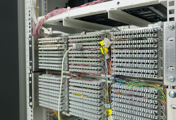 telephone switchboard panel in network rack