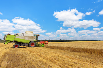 Combine harvester on a wheat field with blue sky.