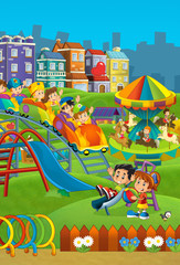 Cartoon scene with kids playing in the funfair - illustration for children