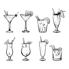 Vector hand drawn set of cocktails and alcohol drinks. Sketch ve