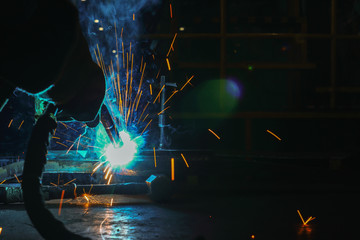 Welder of Metal Welding with sparks and smoke 