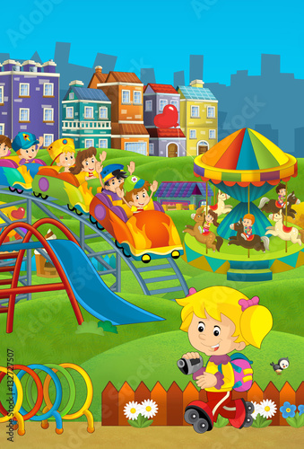 Cartoon Happy And Funny Traditional Scene With Amusement Park And Kids Playing Illustration For Children Canvas Print Honeyflavour Cartoon Happy And Funny Traditional Scene With Amusement Park And Kids Playing Illustration For Children Canvas Print Honeyflavour