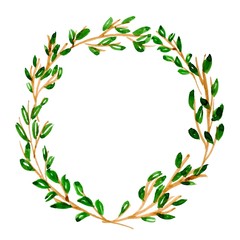 Beautiful hand drawn watercolor vintage wreath with green leaves and brown brunches, isolated on white background. Vector illustration.