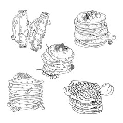 Set of pancakes and crepes on white background. Hand drawn vector illustration. - obrazy, fototapety, plakaty