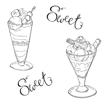 Parfait set sketch with hand lettering. Hand drawn vector illustration.