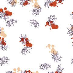 Seamless pattern with line sketch violet anise stars and abstract color backdrops on white background. Cofffee spices print. Hand drawn vector illustration.