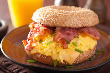breakfast sandwich on bagel with egg bacon cheese