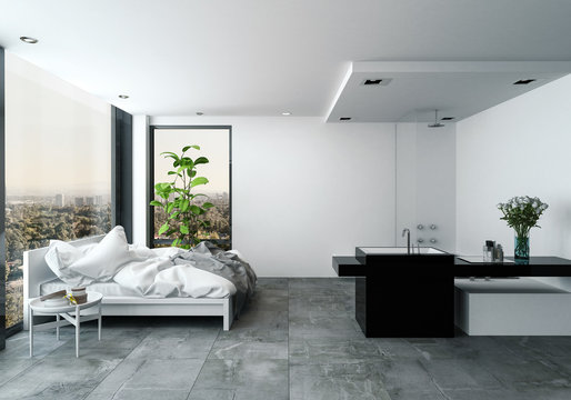 Spacious modern studio bedroom with wash facility