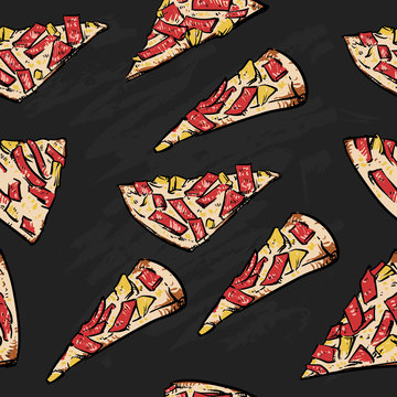 Pizza Slice Pattern Including Seamless On A Black Background. Pi