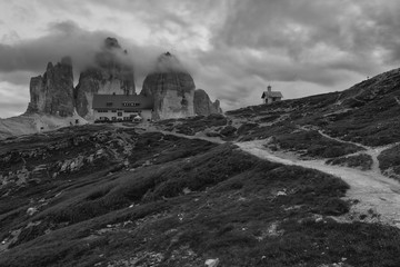 Monochrome photo of Tre Cime mountain