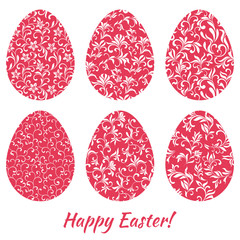 Easter eggs set. 6 Easter eggs with floral pattern isolated on a white background