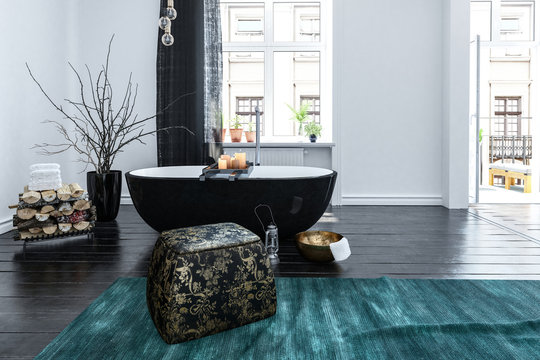 Unusual black boat shaped bath tub