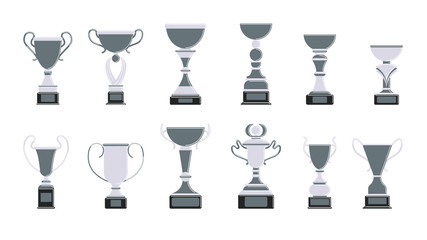 Silver cups set on white background. Trophies for second place.