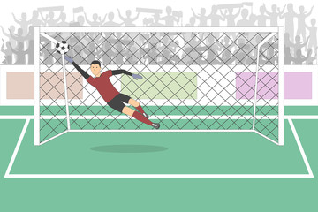 Goalkeeper in the gates on the football field. Soccer game. Athletic young champion.