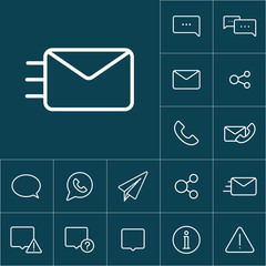 thin line envelope icon on blue background, communication set